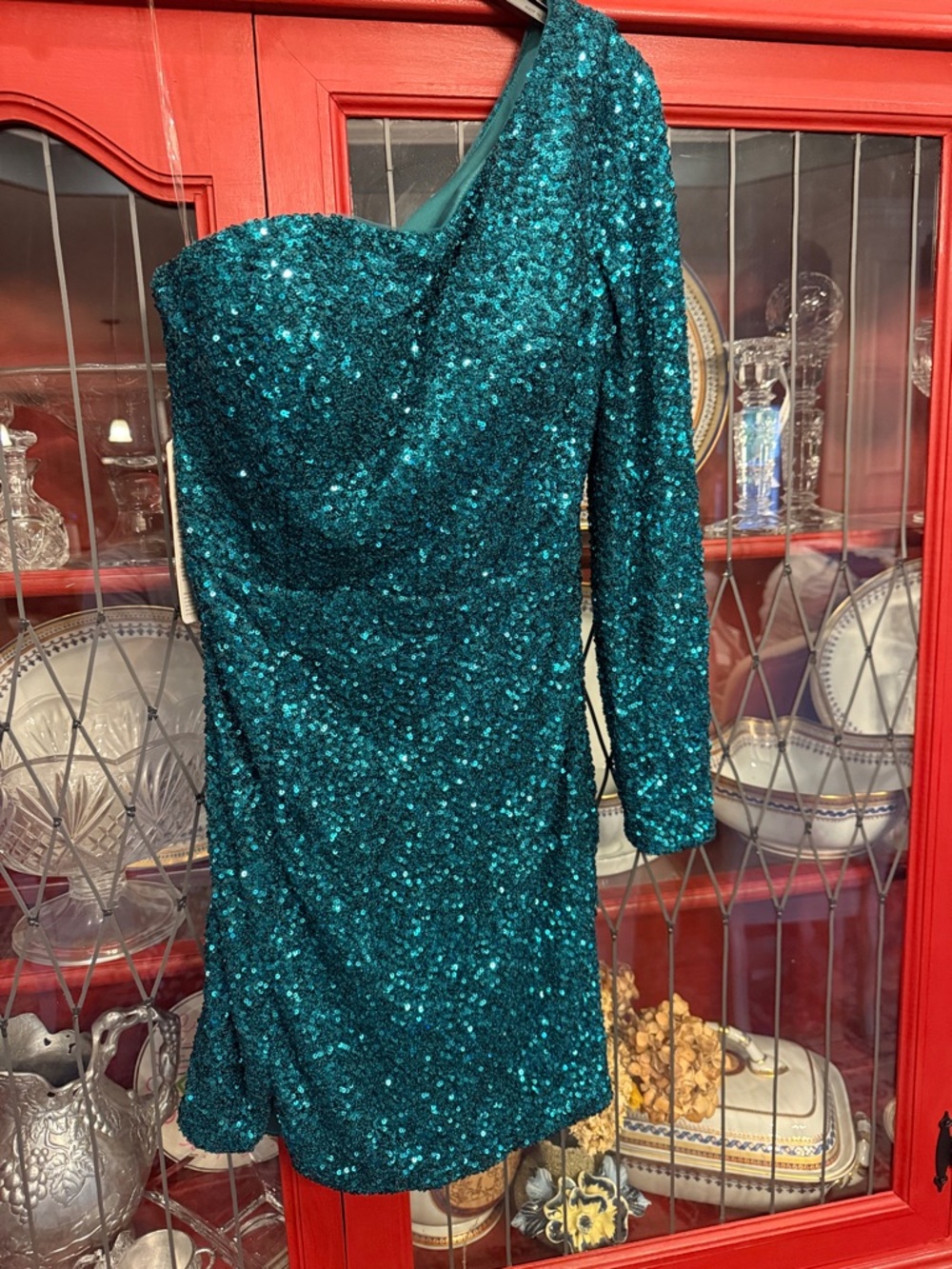 Stacees: Size 2 One-Shoulder Teal Sequin Mini Dress
